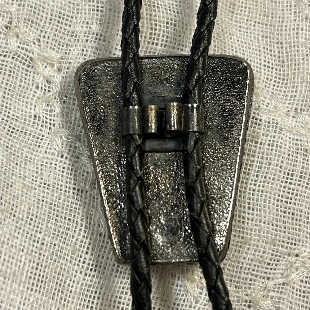 Vintage Bolo tie western leather, ornate medallion natural agate, jasper, etc